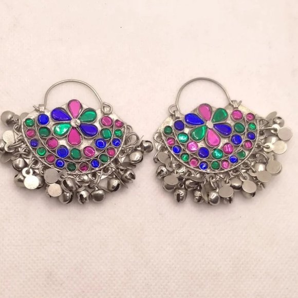 Silver Glass Stones Earrings, Tribal Kuchi Earrings, Hoop Earring, Boho BellsEar - Picture 2 of 6